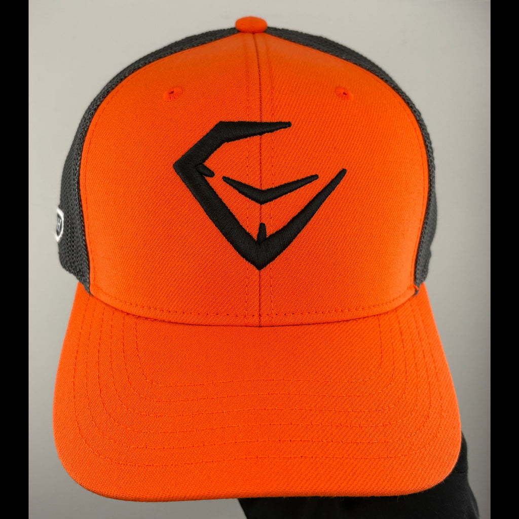 Orange cap with a black logo