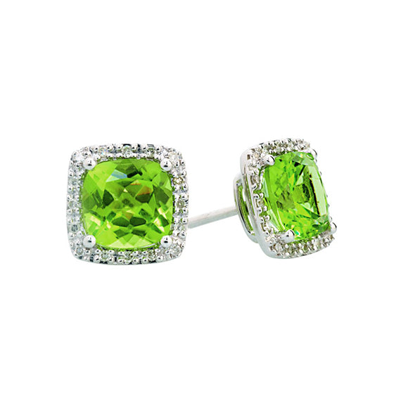 9k White Gold Cushion Cut Peridot & Diamond Earring (P3.32ct;D0.10ct)