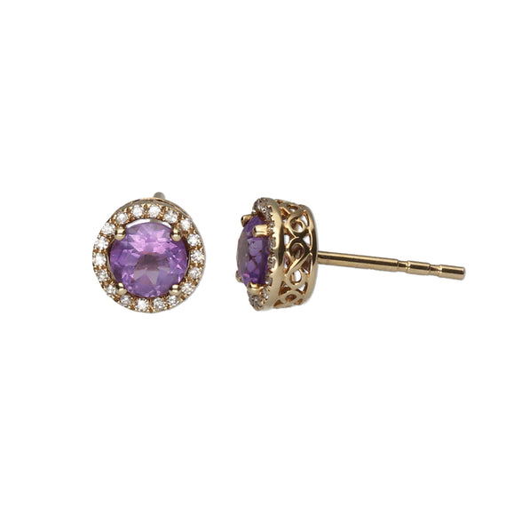 9k Gold Amethyst & Diamond Round Earrings (0.11ct)