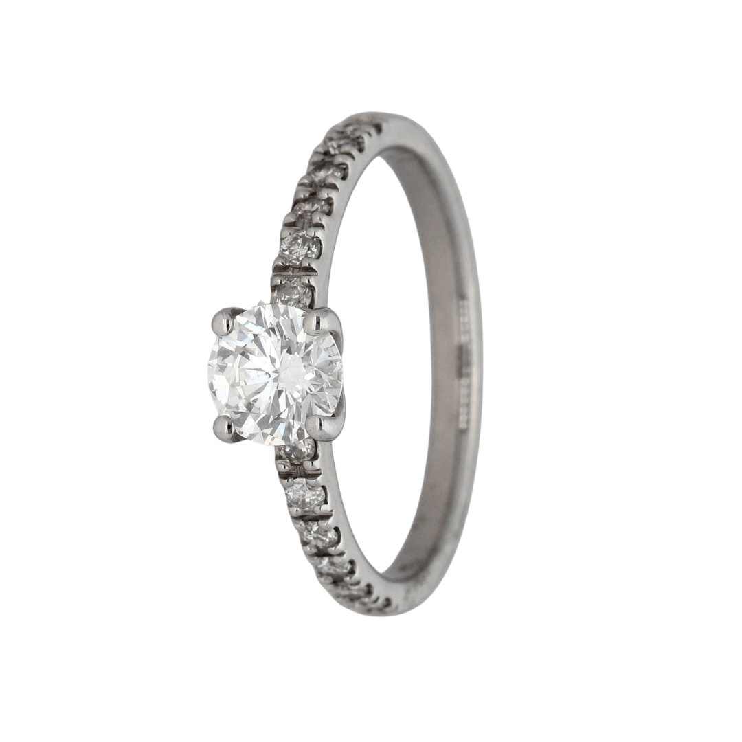 18k White Gold Diamond Solitaire & Pave Shoulders Engagement Ring