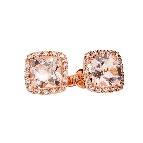 9k Rose Gold Cushion Cut Morganite & Diamond Earring (M2.54, D0.1)k