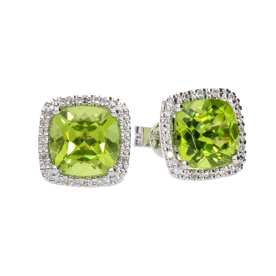 9k White Gold 3.2ct Cushion Cut Peridot & Diamond Earring