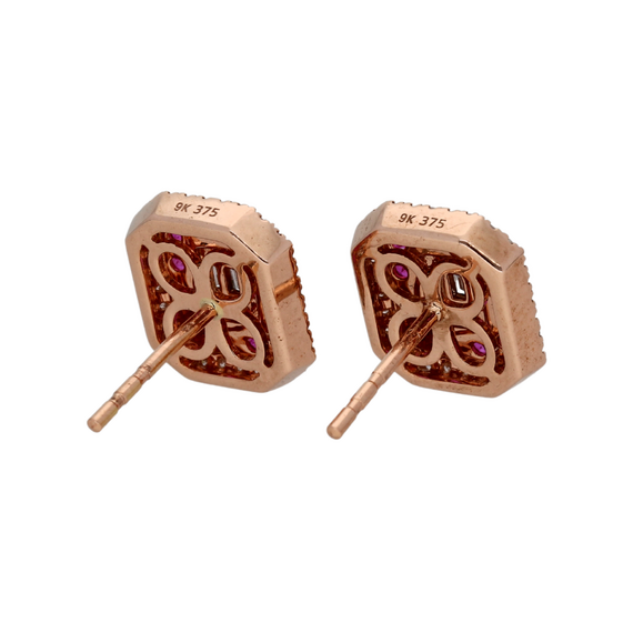 9k Rose Gold Diamond Baguette Red Ruby Earrings