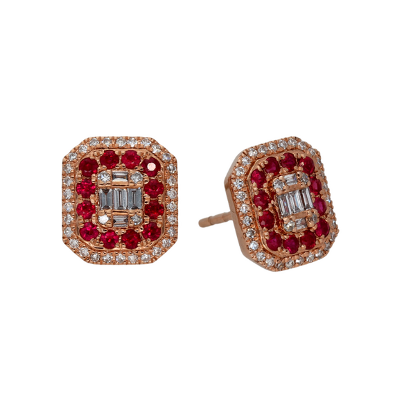 9k Rose Gold Diamond Baguette Red Ruby Earrings