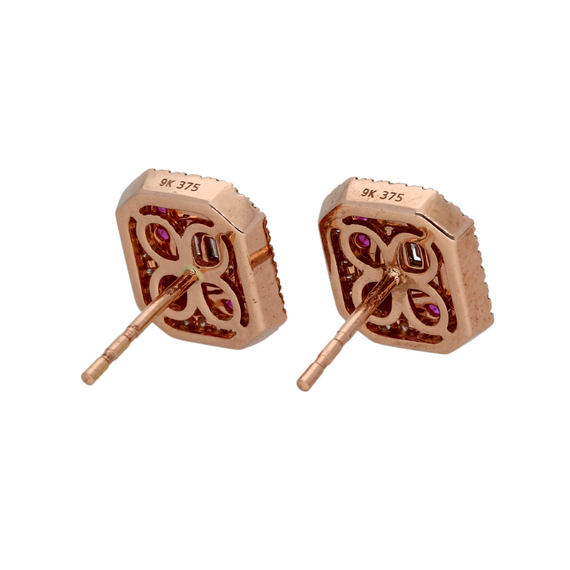 9k Rose Gold Diamond Baguette Pink Ruby Earrings