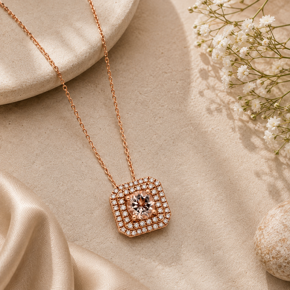 9k Rose Gold Diamond Morganite Necklace