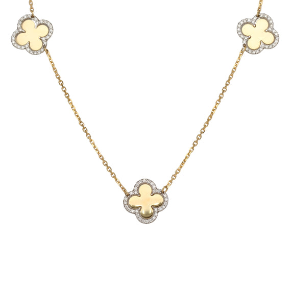 9k Gold 5 Station Diamond Clover Paperclip Necklace 0.75ct