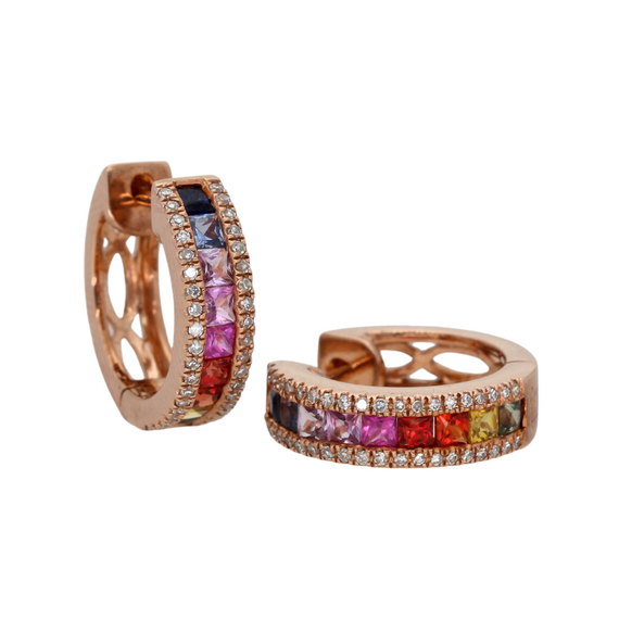 9k Rose Gold Diamond Rainbow Sapphire Earrings