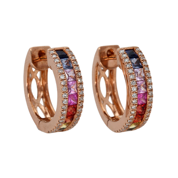 9k Rose Gold Diamond Rainbow Sapphire Earrings