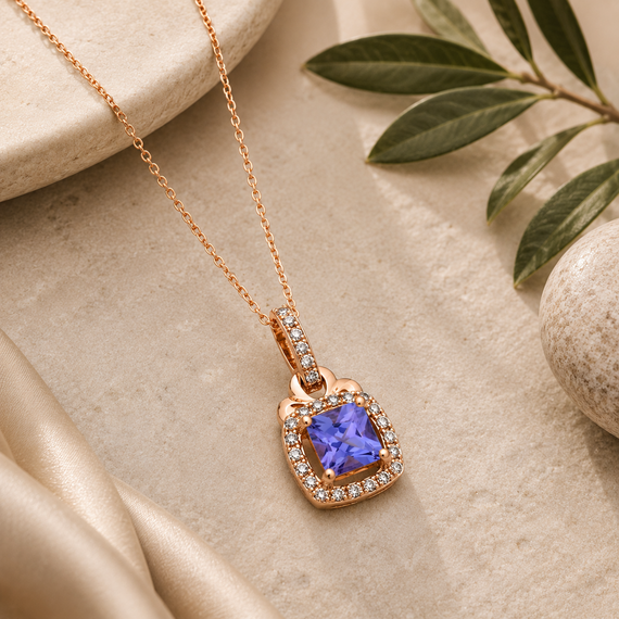 9k Rose Gold Diamond Tanzanite Pendant & Chain