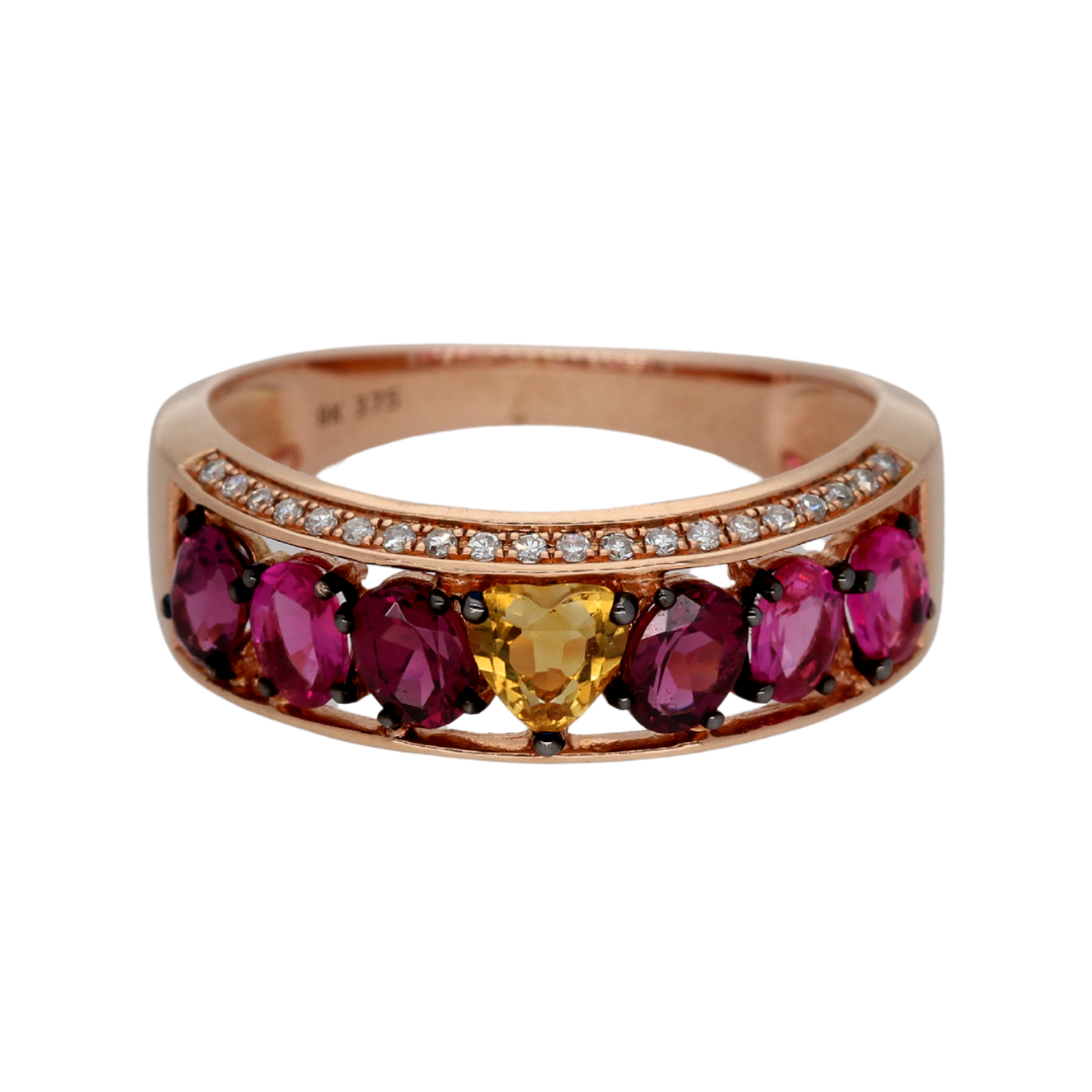 9k Rose Gold Diamond Citrine Rhodolite And Pink Sapphire Ring