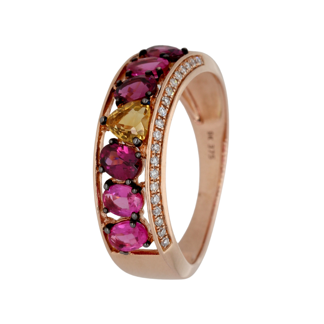 9k Rose Gold Diamond Citrine Rhodolite And Pink Sapphire Ring