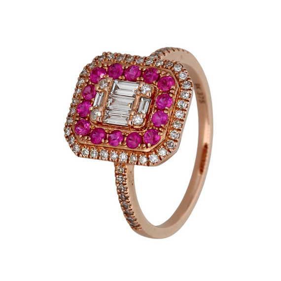 9k Rose Gold Diamond Baguette Ruby Ring