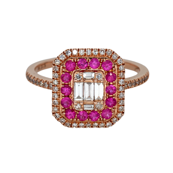 9k Rose Gold Diamond Baguette Ruby Ring