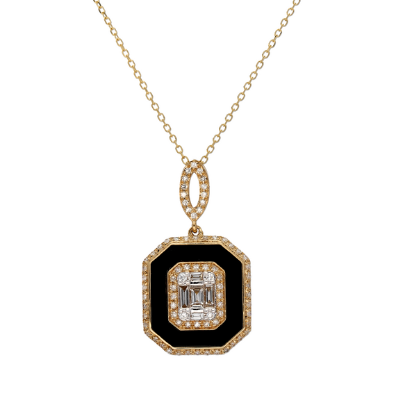 9k Gold Diamond Baguette Onyx Necklace