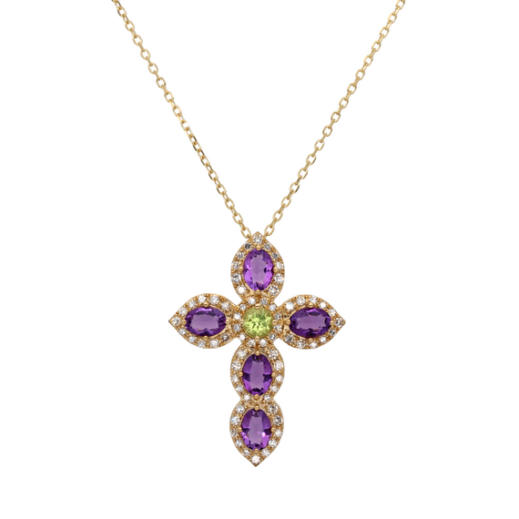 9k Gold Diamond, Amethyst & Peridot Cross Necklace
