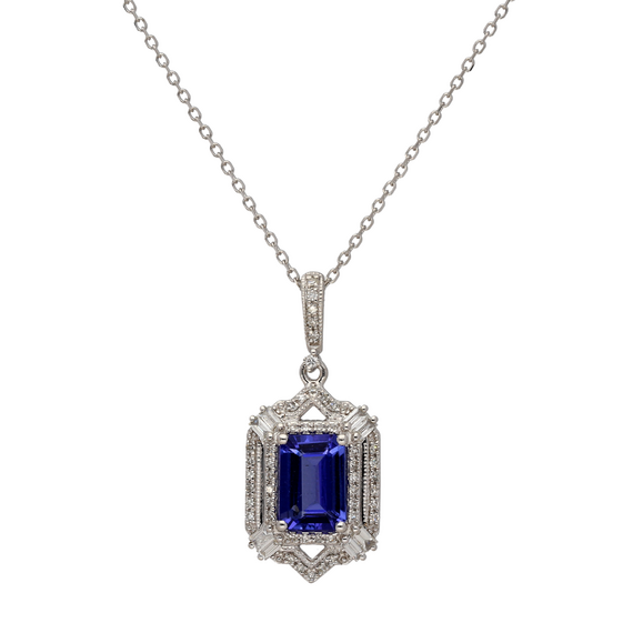 9k White Gold Baguette Diamond Tanzanite Necklace