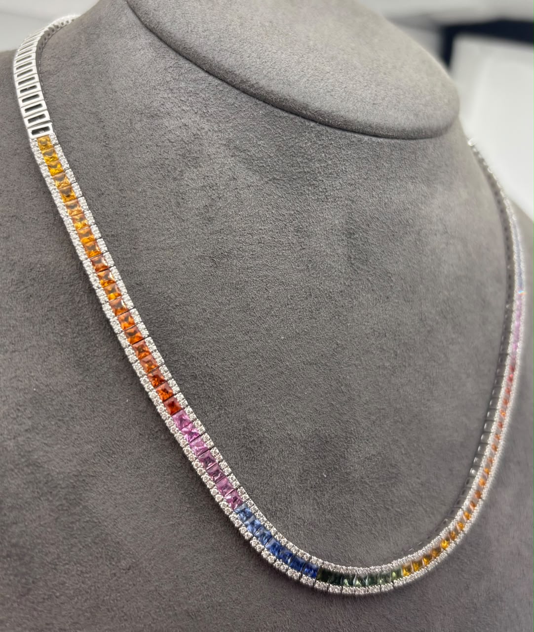 9K White Gold Rainbow Sapphire & Diamond Necklace