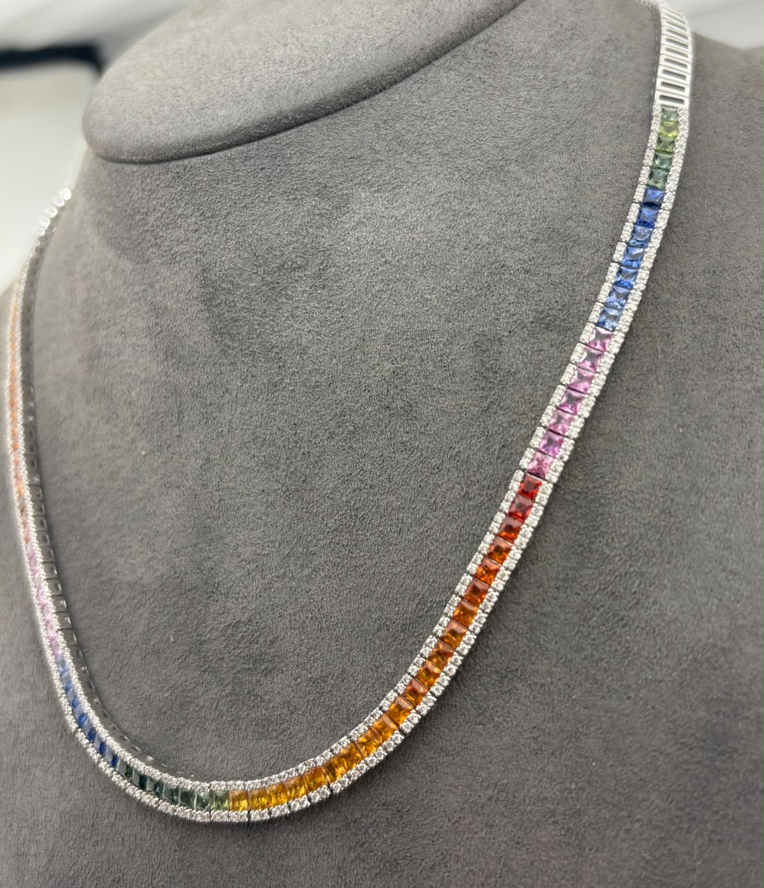 9K White Gold Rainbow Sapphire & Diamond Necklace