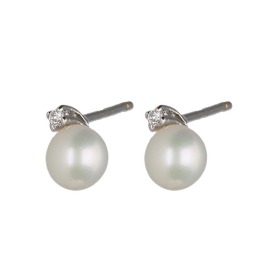 9k White Gold Pearl Stud Earrings with Cubic Zirconia (5mm)